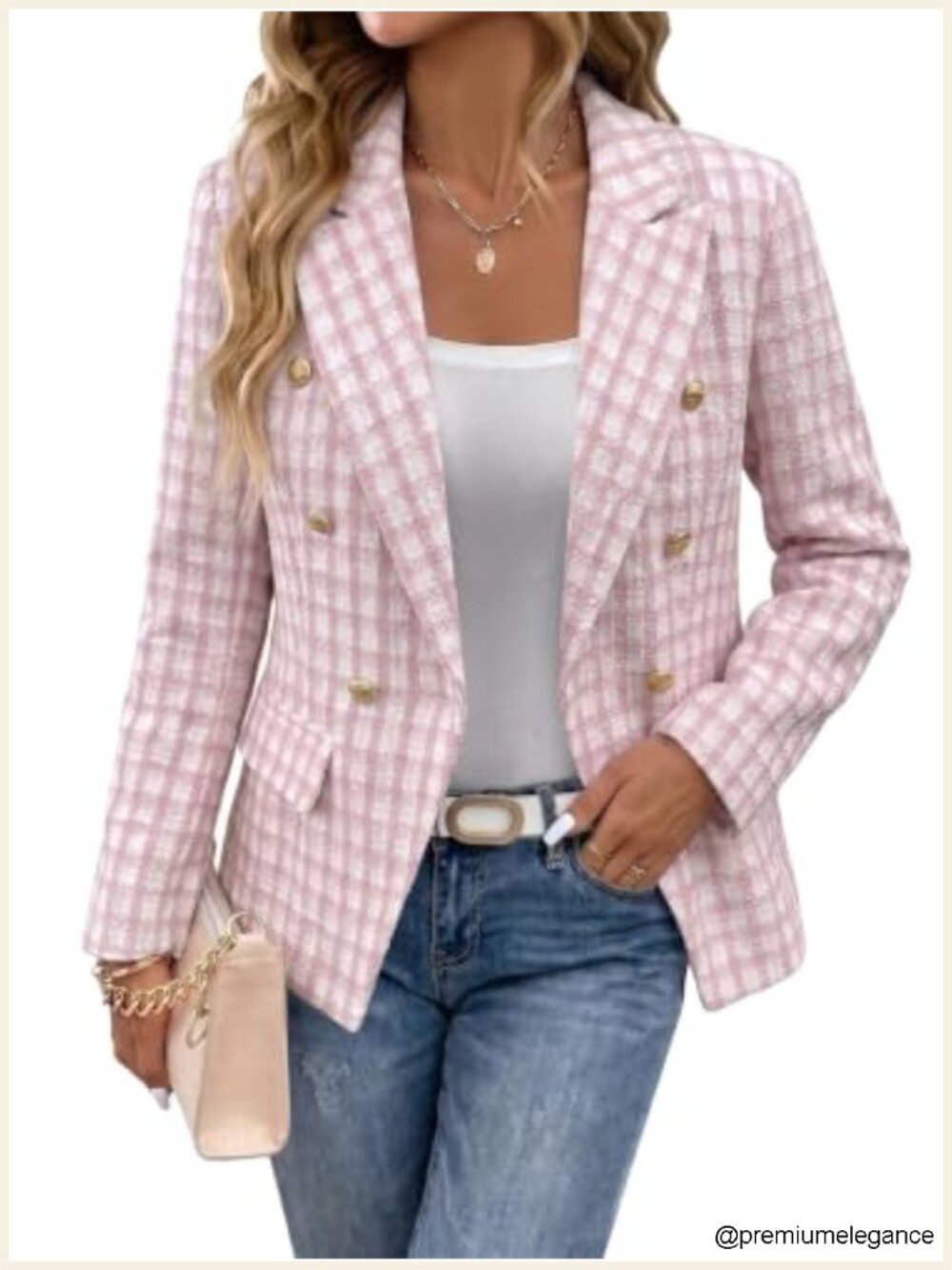 Tweed Plaid Double-Breasted Blazer Jacket Business Casual Office